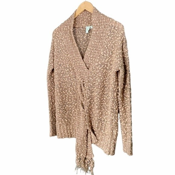 ShuShu Taupe Peach Nubby Boucle Scarf Front Fall Sweater Women’s Size Medium - Picture 7 of 12